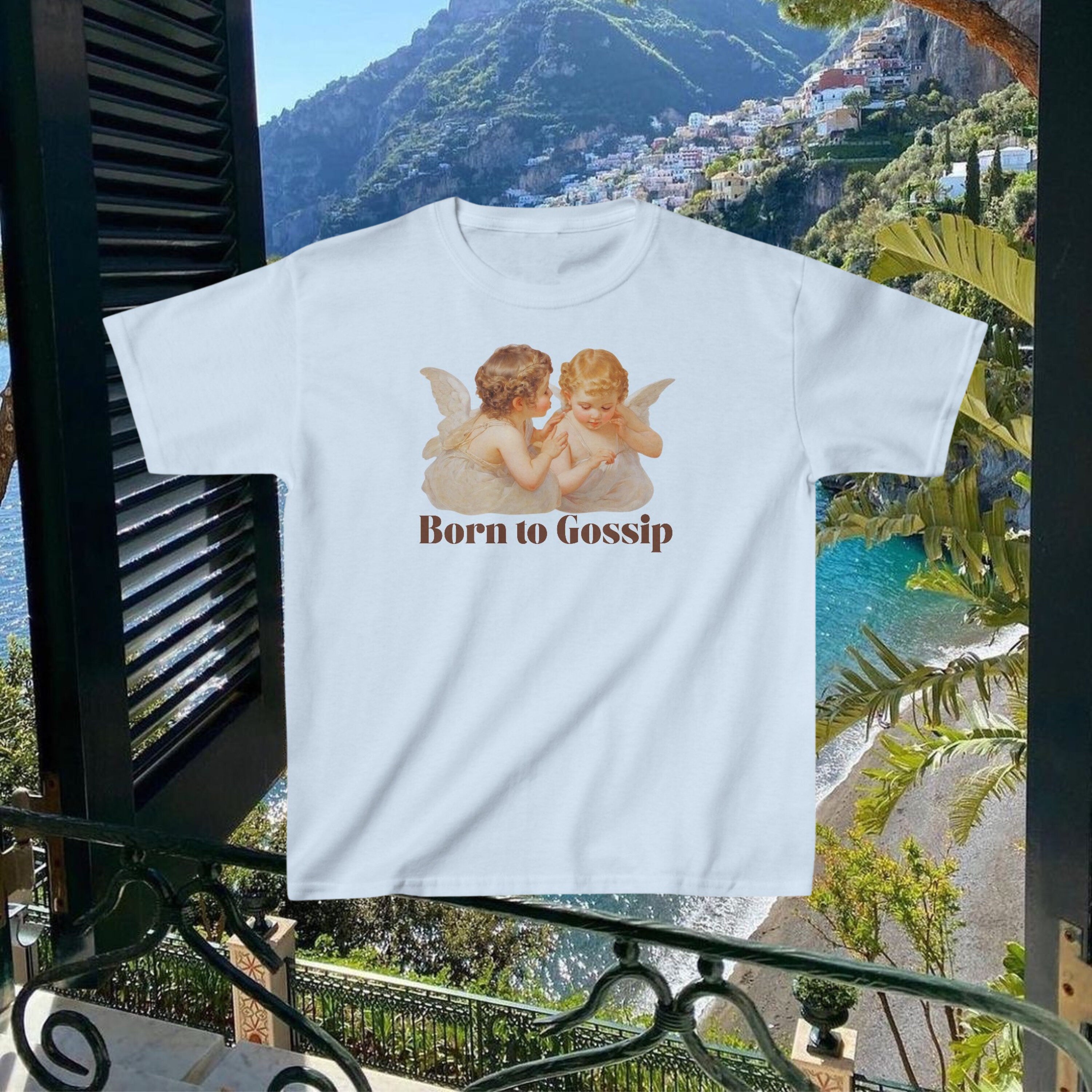 Born to Gossip Y2K Baby Tee | Angel T-shirt - Trendy Retro Graphic Tee - Cute Vintage Crop Top - 2000s Aesthetic Fashion