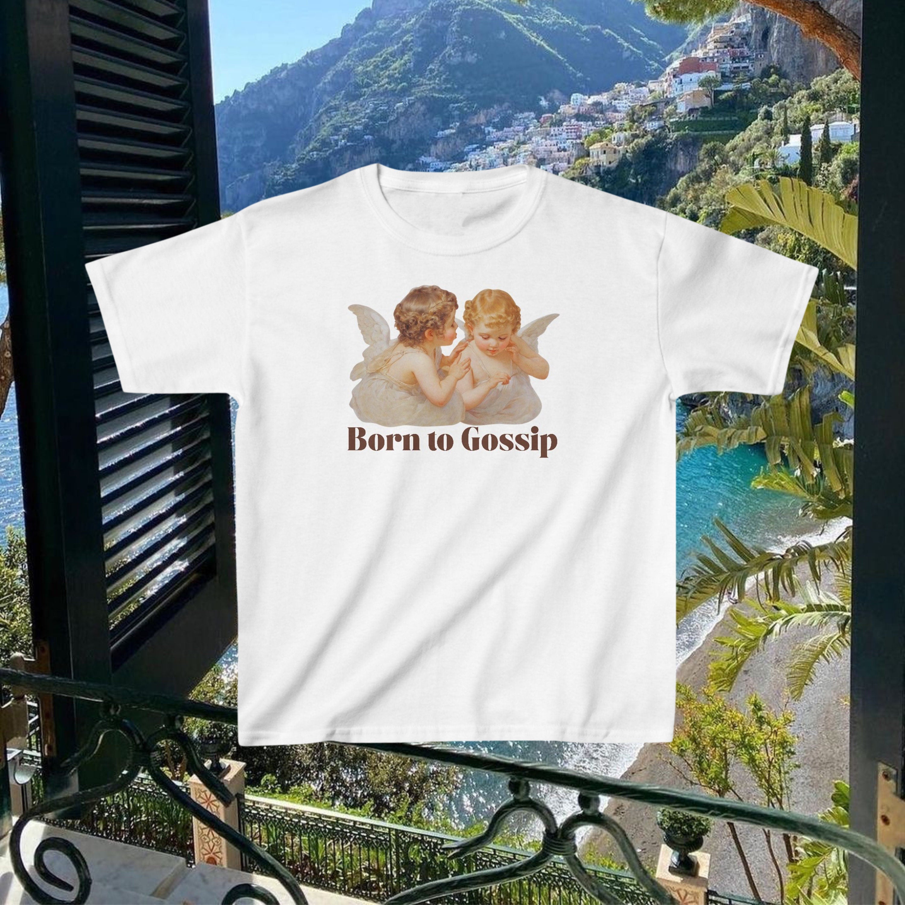 Born to Gossip Y2K Baby Tee | Angel T-shirt - Trendy Retro Graphic Tee - Cute Vintage Crop Top - 2000s Aesthetic Fashion