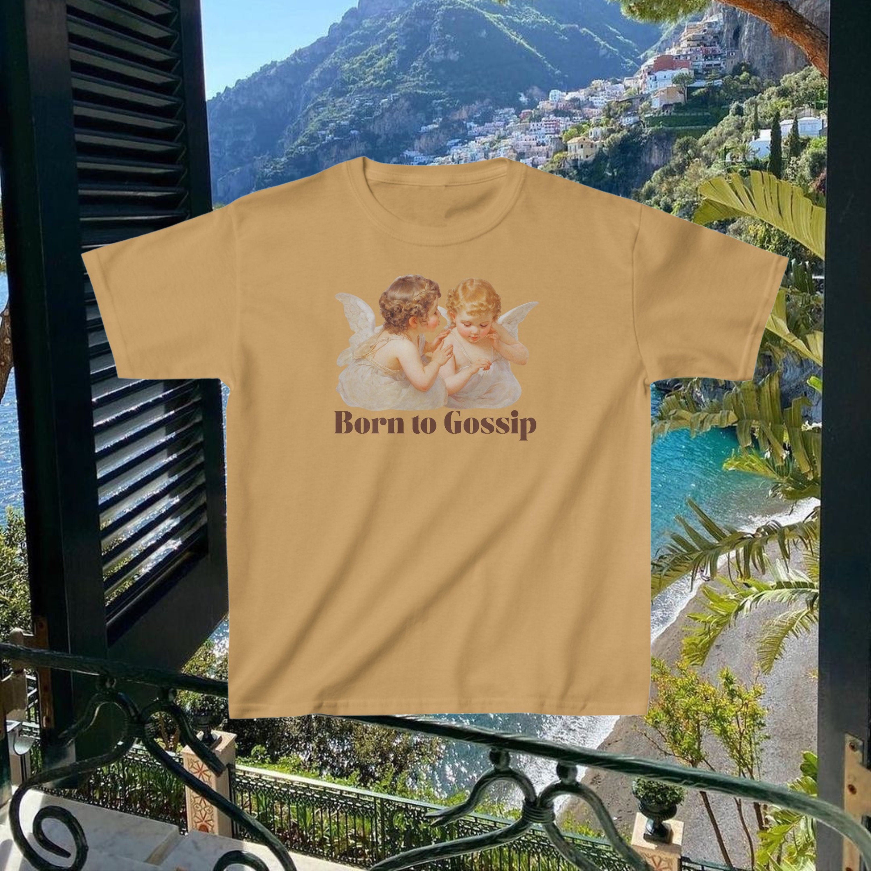 Born to Gossip Y2K Baby Tee | Angel T-shirt - Trendy Retro Graphic Tee - Cute Vintage Crop Top - 2000s Aesthetic Fashion