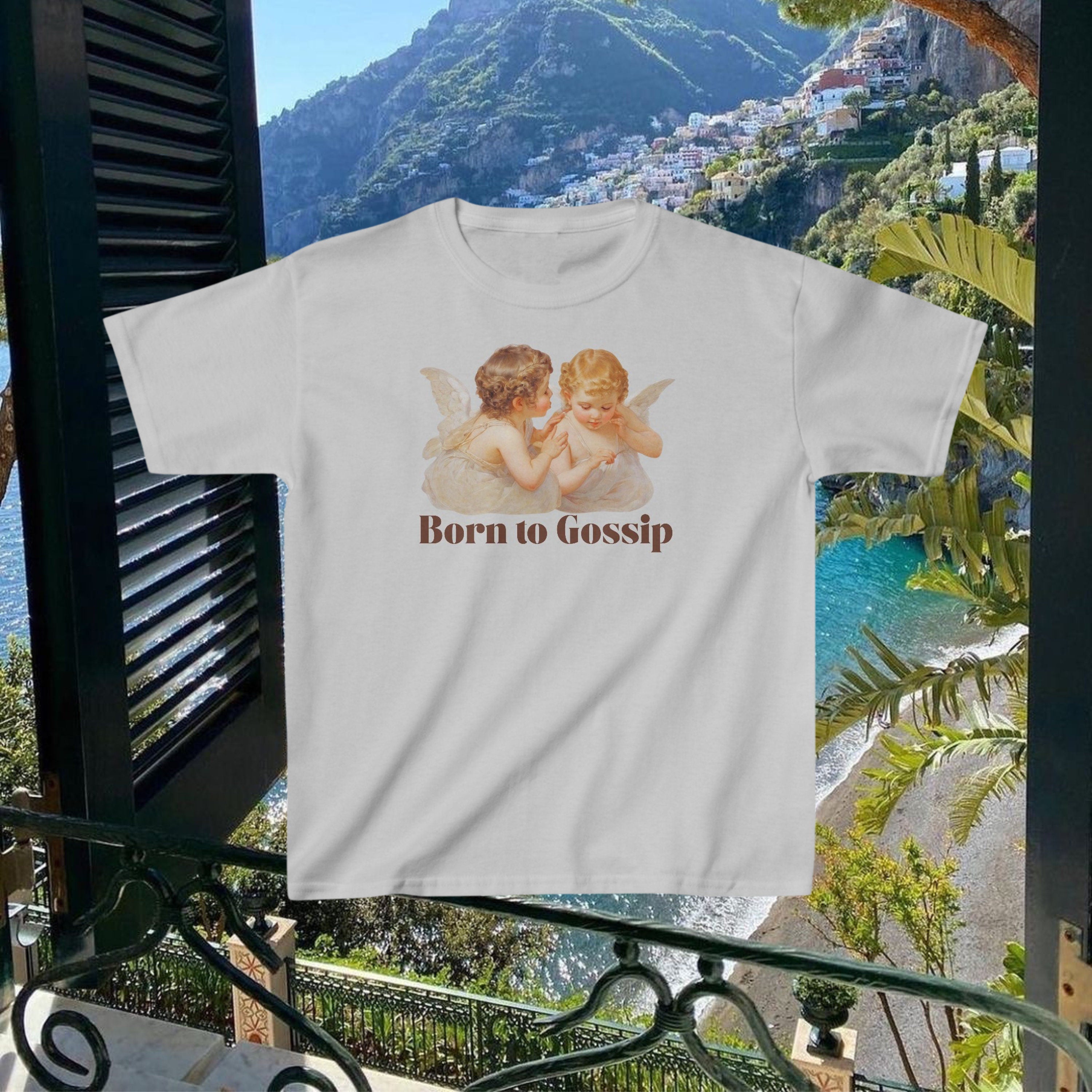 Born to Gossip Y2K Baby Tee | Angel T-shirt - Trendy Retro Graphic Tee - Cute Vintage Crop Top - 2000s Aesthetic Fashion